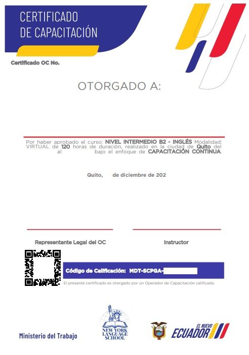 Modelo de certificado de capacitación de inglés emitido por New York Language School